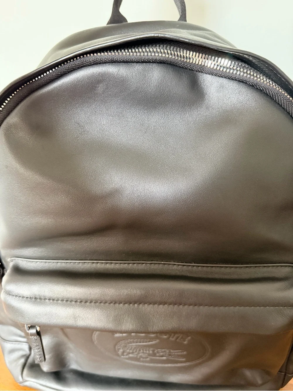 Lacoste Black Smooth Leather Backpack with Embossed Logo